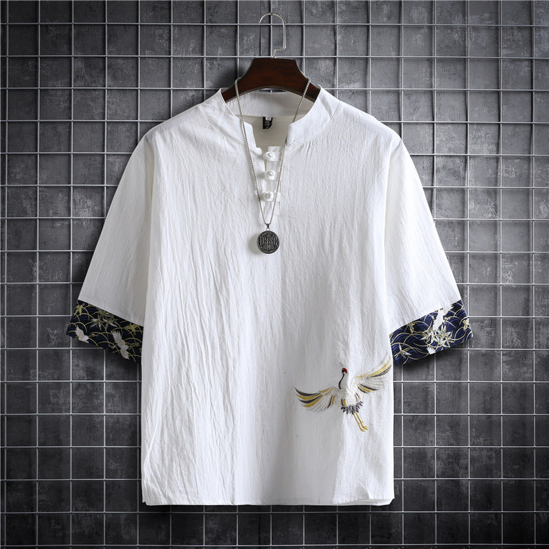 Cotton Linen Crane Five Point Sleeve Casual Fashion