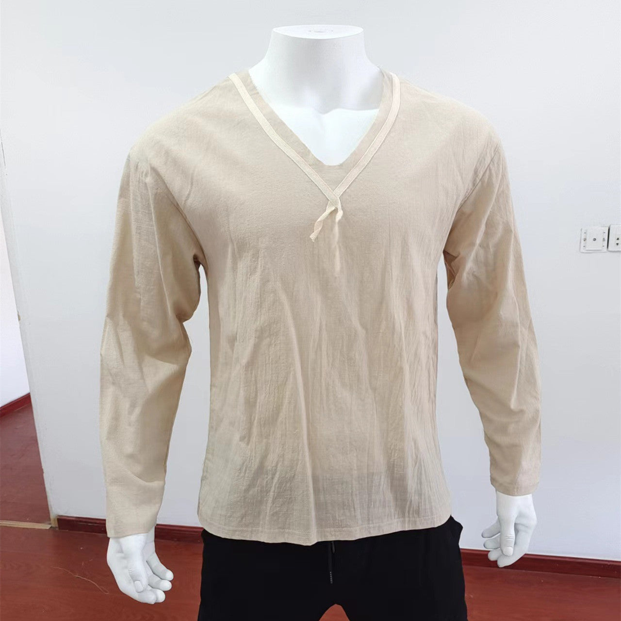 New Men's V-neck Long-sleeved T-shirt Cotton Linen Casual Loose