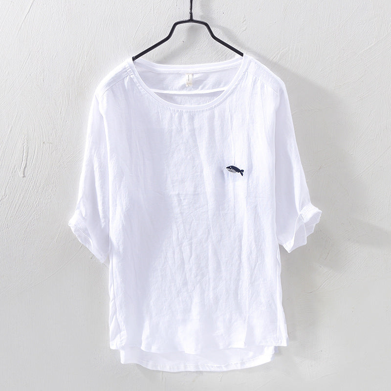 Cotton And Linen Stitching T-shirt Casual Youth Solid Color Embroidered Short Sleeve