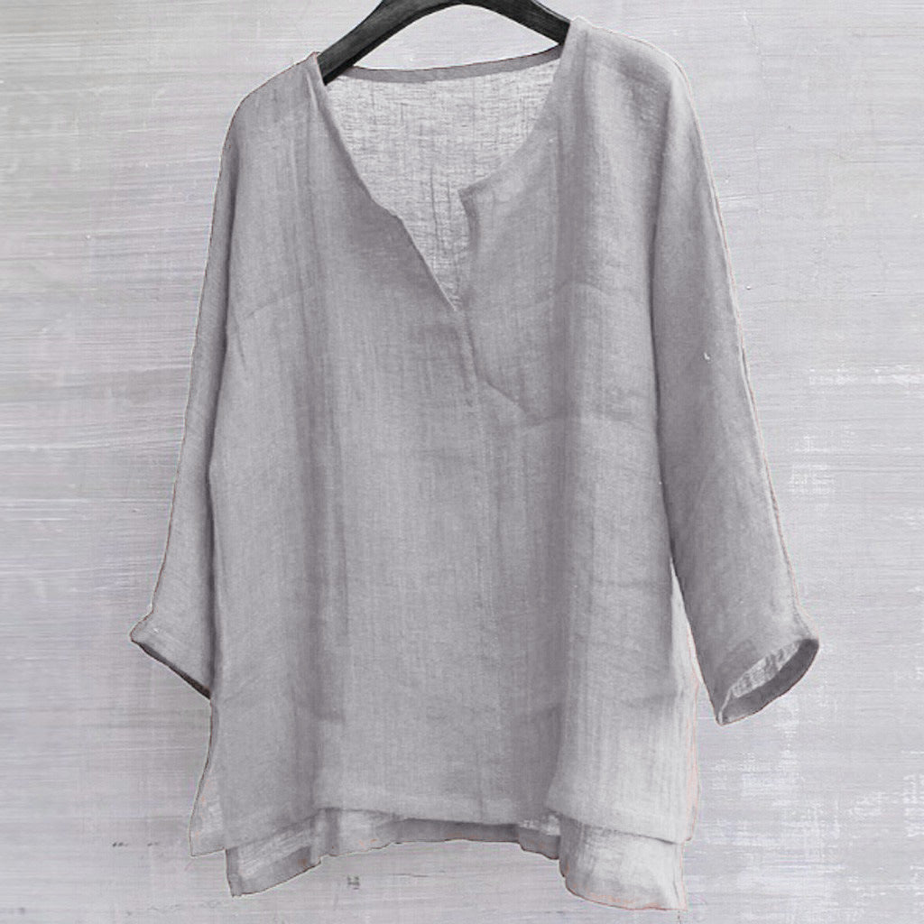 Cotton linen solid stand collar shirt