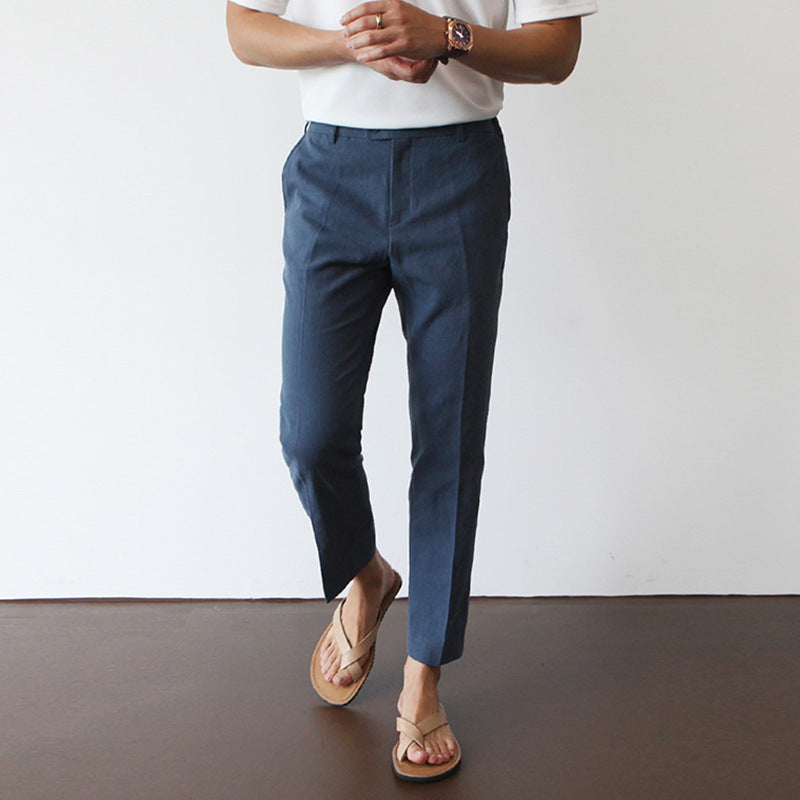 White For Men Cotton Fabric Cropped Linen Trousers