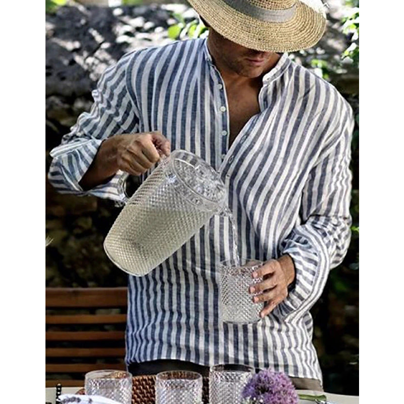 Men's Long Sleeve Printed Linen Colorblock Lapel Shirt
