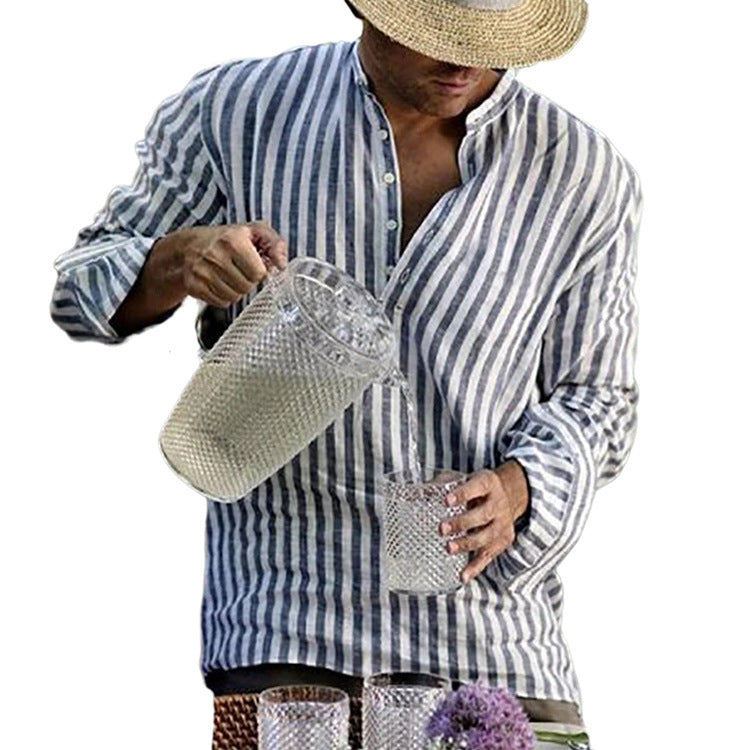 Men's Long Sleeve Printed Linen Colorblock Lapel Shirt