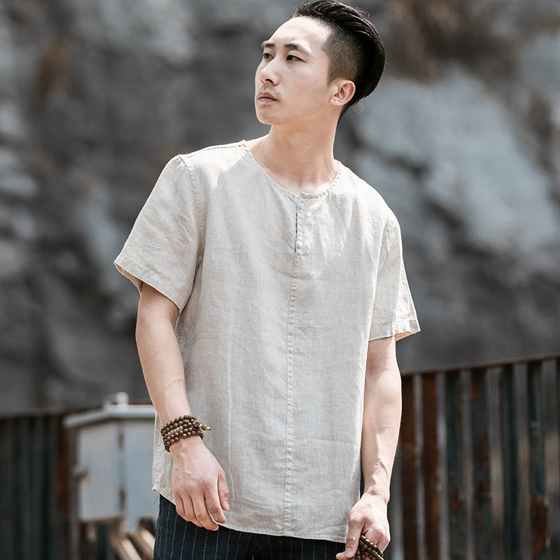 Short Sleeve Men's Summer Thin Linen T-shirt Breathable