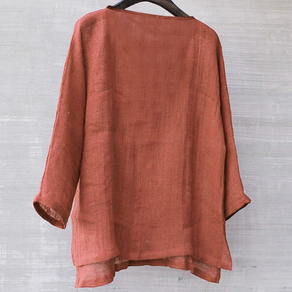 Cotton linen solid stand collar shirt
