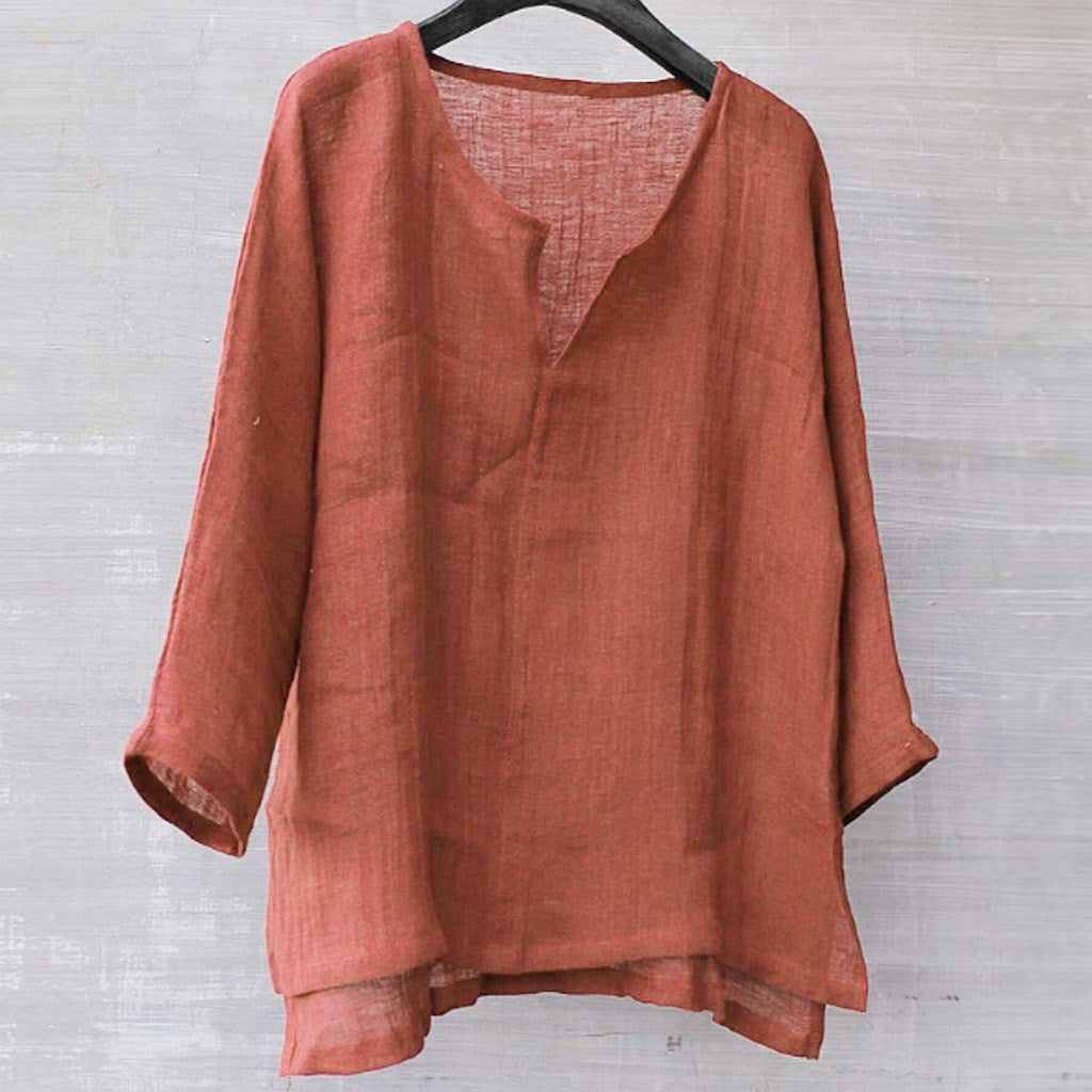 Cotton linen solid stand collar shirt