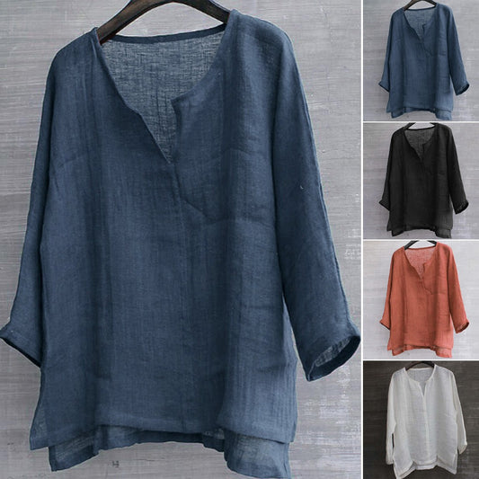 Cotton linen solid stand collar shirt