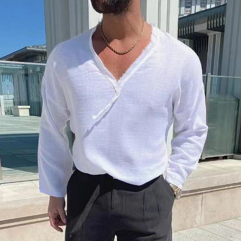 New Men's V-neck Long-sleeved T-shirt Cotton Linen Casual Loose