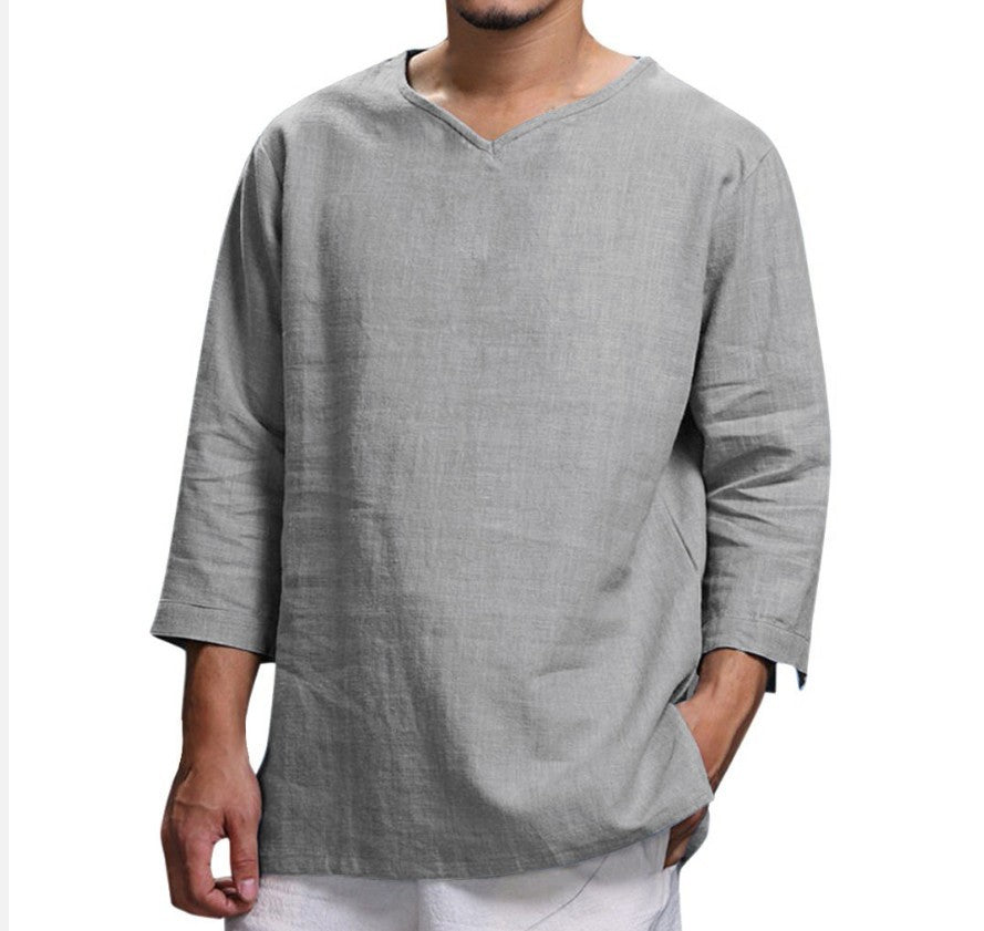 Long-sleeved cotton and linen loose shirt