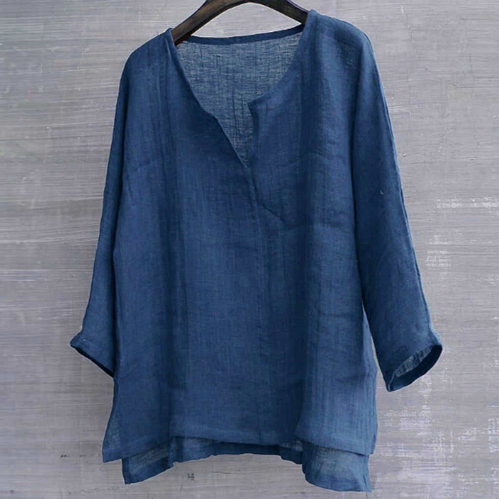 Cotton linen solid stand collar shirt