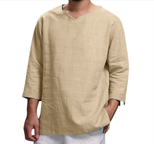 Long-sleeved cotton and linen loose shirt