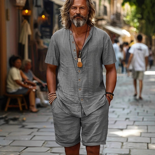 Cotton-linen Short-sleeve Shirt And Loose-fitting Shorts Two-piece Set