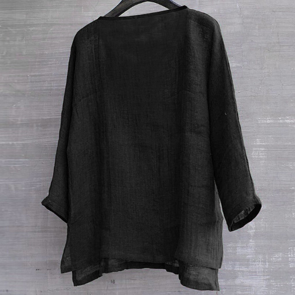 Cotton linen solid stand collar shirt