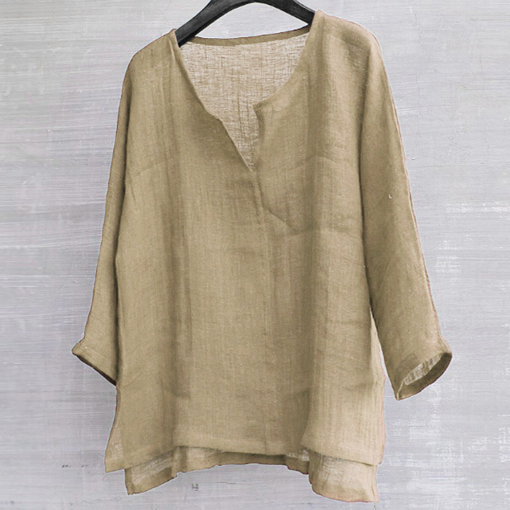 Cotton linen solid stand collar shirt