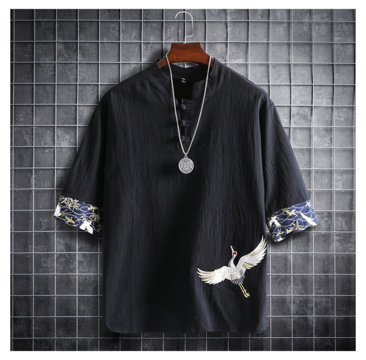 Cotton Linen Crane Five Point Sleeve Casual Fashion