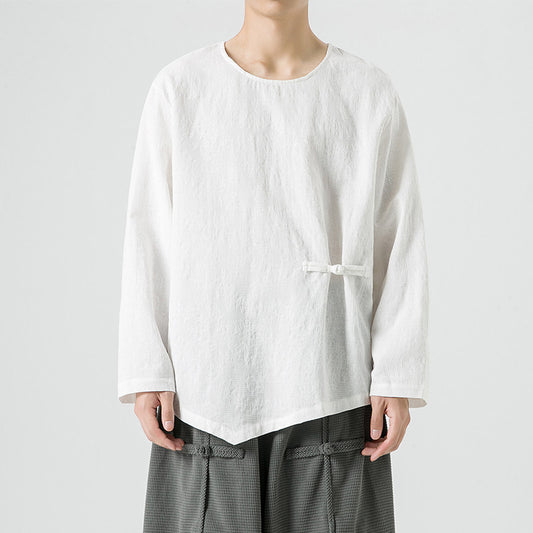 Loose-fitting Plus-size Cotton-linen Crew-neck Pullover Long-sleeve T-shirt