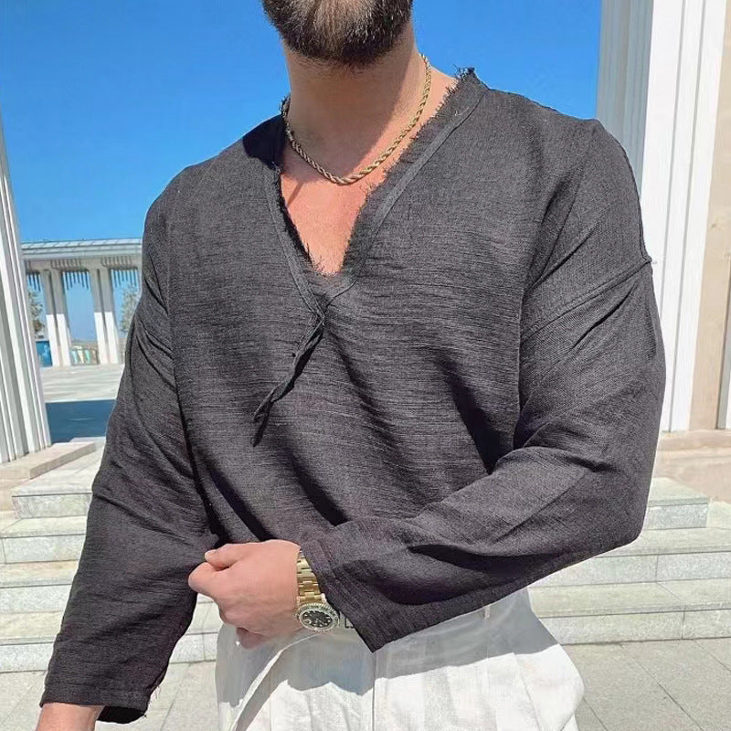 New Men's V-neck Long-sleeved T-shirt Cotton Linen Casual Loose