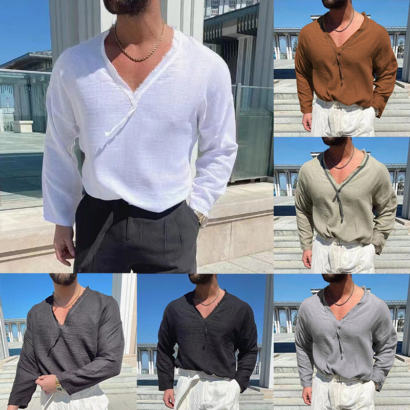 New Men's V-neck Long-sleeved T-shirt Cotton Linen Casual Loose
