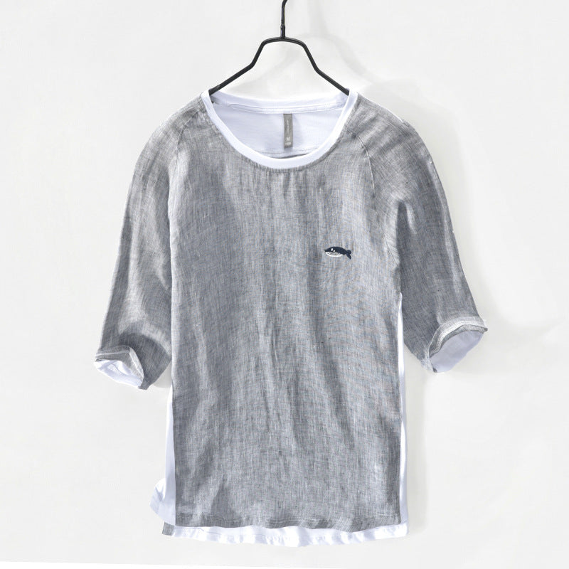 Cotton And Linen Stitching T-shirt Casual Youth Solid Color Embroidered Short Sleeve