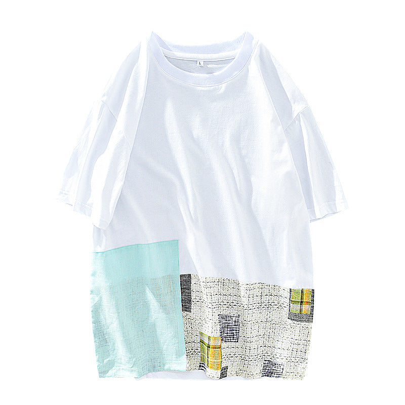 Men's Summer Thin Stitching Design Linen Short-sleeved T-shirt