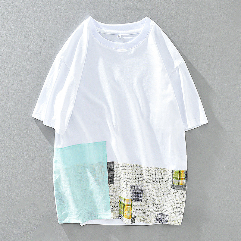 Men's Summer Thin Stitching Design Linen Short-sleeved T-shirt