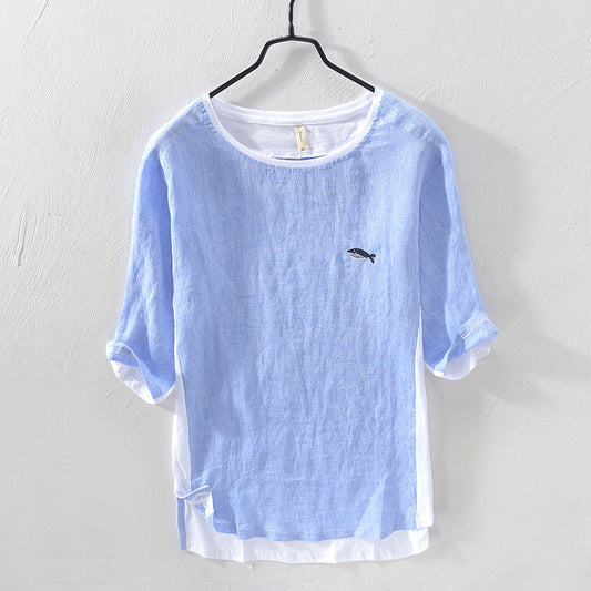 Cotton And Linen Stitching T-shirt Casual Youth Solid Color Embroidered Short Sleeve