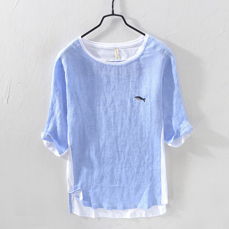 Cotton And Linen Stitching T-shirt Casual Youth Solid Color Embroidered Short Sleeve