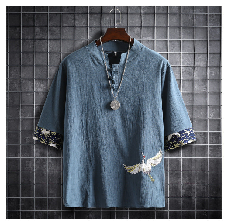 Cotton Linen Crane Five Point Sleeve Casual Fashion