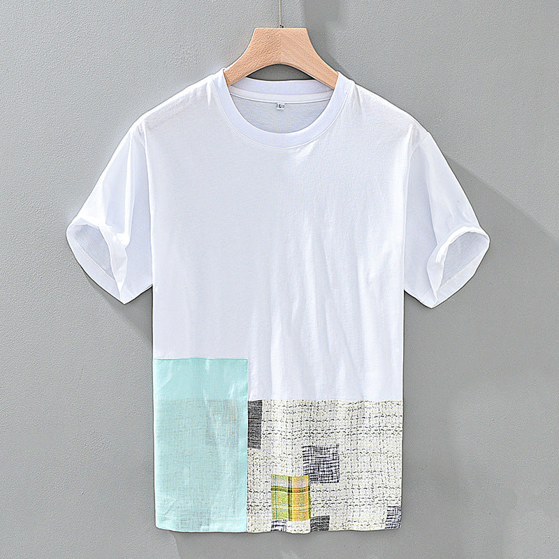 Men's Summer Thin Stitching Design Linen Short-sleeved T-shirt