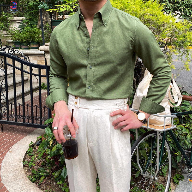 Men's Cotton Linen Casual Solid Color Long Sleeve Shirt