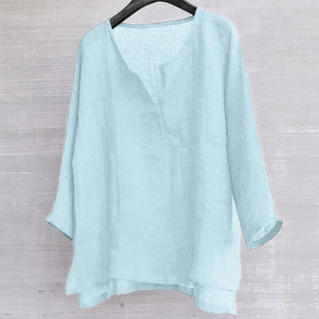 Cotton linen solid stand collar shirt
