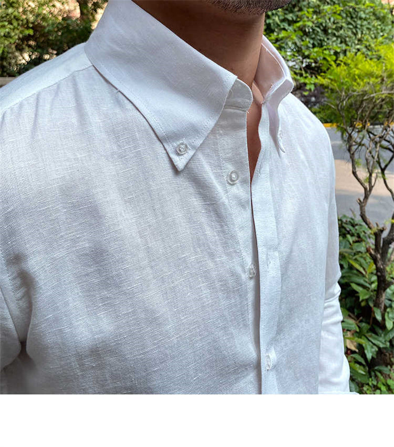 Men's Cotton Linen Casual Solid Color Long Sleeve Shirt
