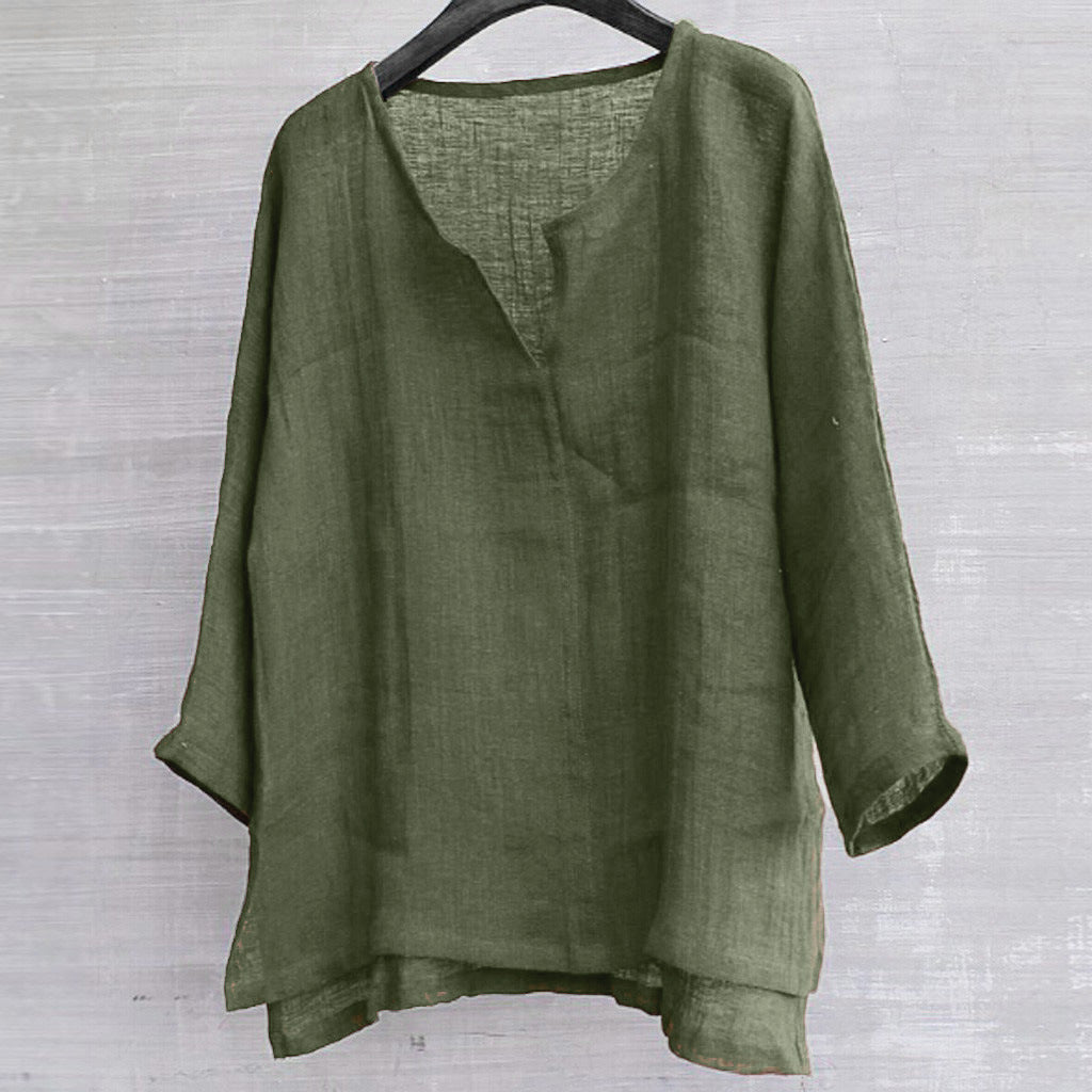 Cotton linen solid stand collar shirt