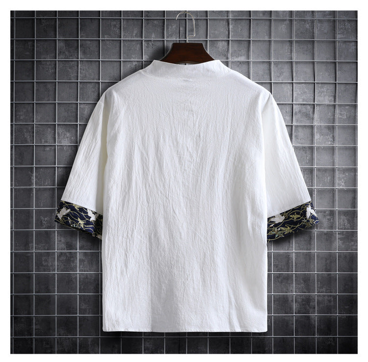 Cotton Linen Crane Five Point Sleeve Casual Fashion