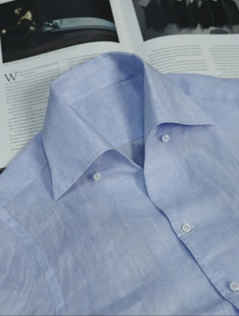 British Vintage Italian Linen Men's Slim-Fit Trendy Summer Light Cotton Casual Long-Sleeved One-Piece Collar Shirt Yarn Dyed