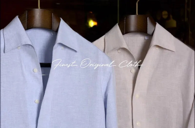 British Vintage Italian Linen Men's Slim-Fit Trendy Summer Light Cotton Casual Long-Sleeved One-Piece Collar Shirt Yarn Dyed