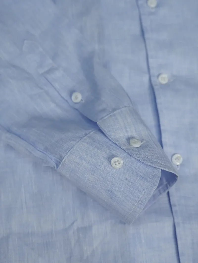 British Vintage Italian Linen Men's Slim-Fit Trendy Summer Light Cotton Casual Long-Sleeved One-Piece Collar Shirt Yarn Dyed