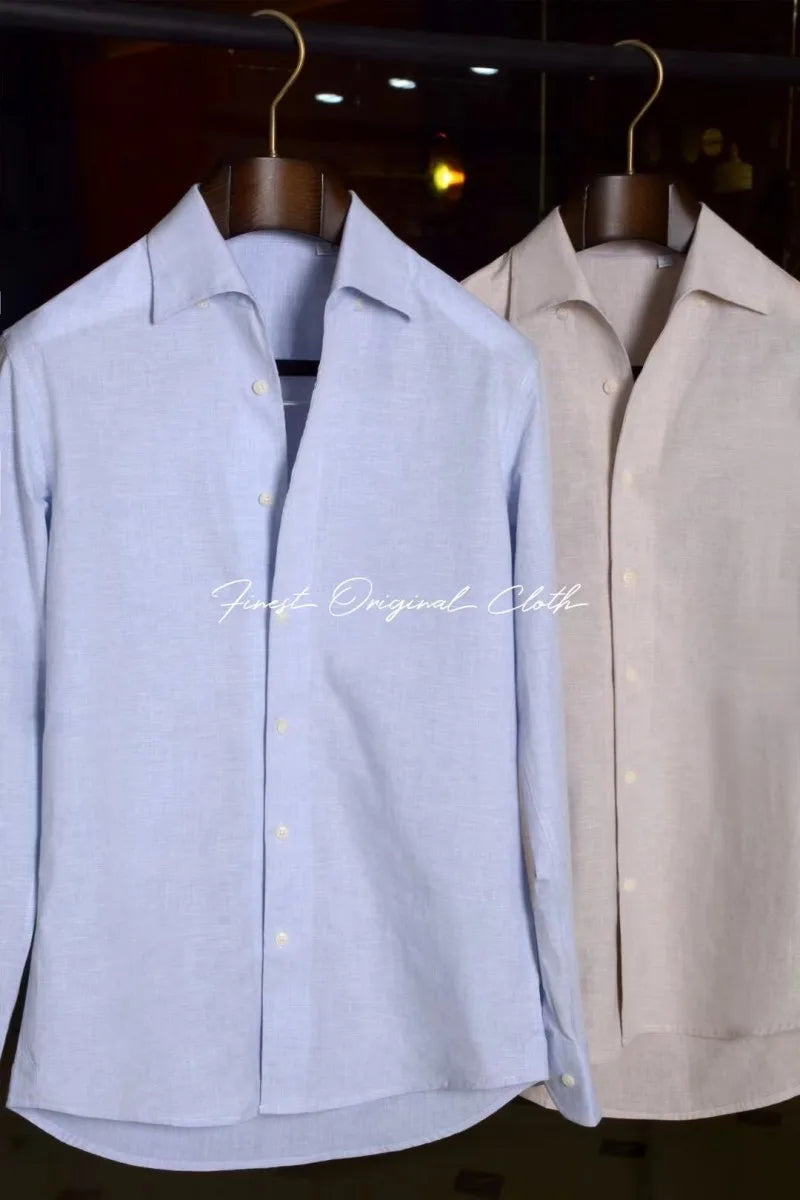 British Vintage Italian Linen Men's Slim-Fit Trendy Summer Light Cotton Casual Long-Sleeved One-Piece Collar Shirt Yarn Dyed