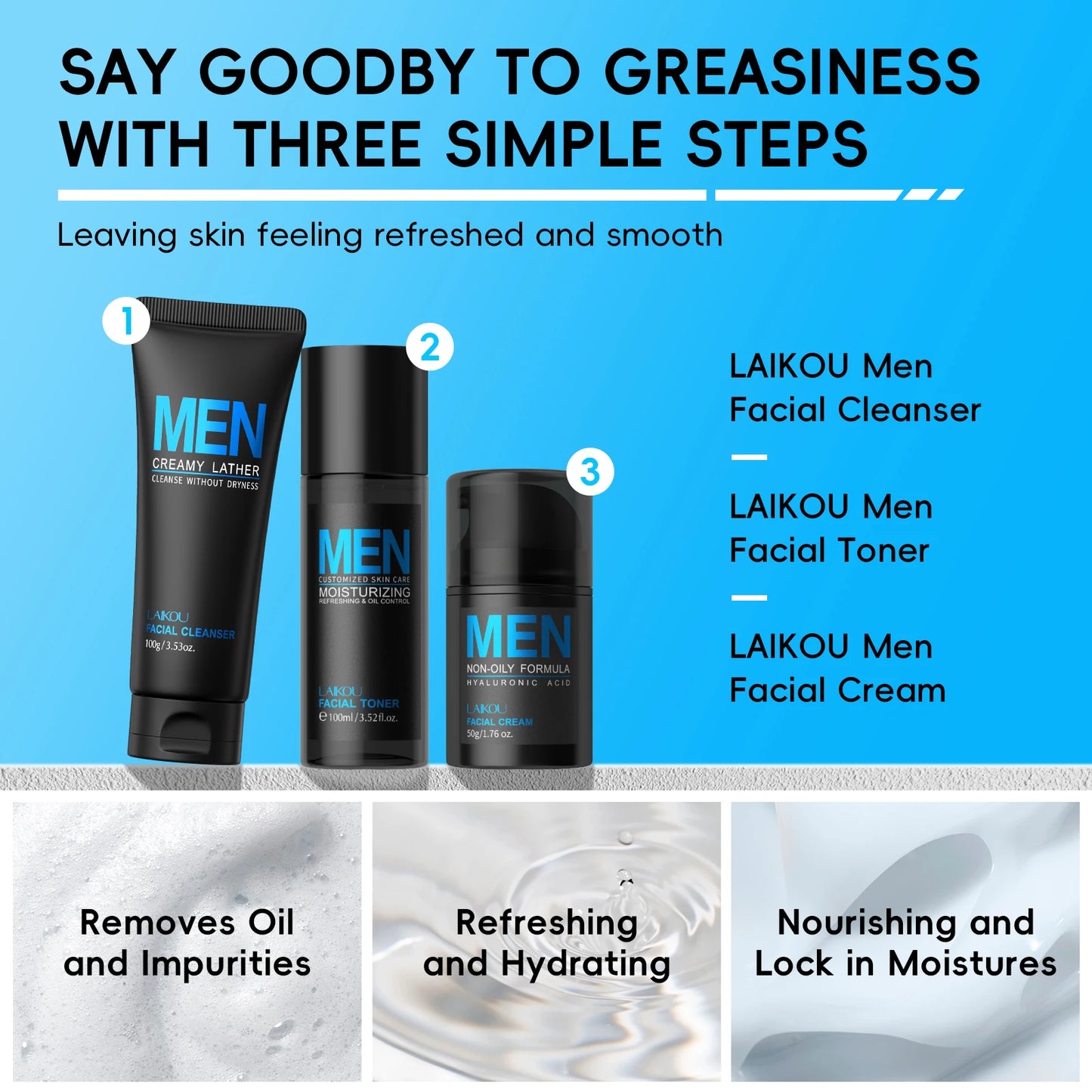 LAIKOU 3-Piece Men's Daily Skincare Kit - Cleanse Refresh Hydrate Essential Men's Beauty Routine Set