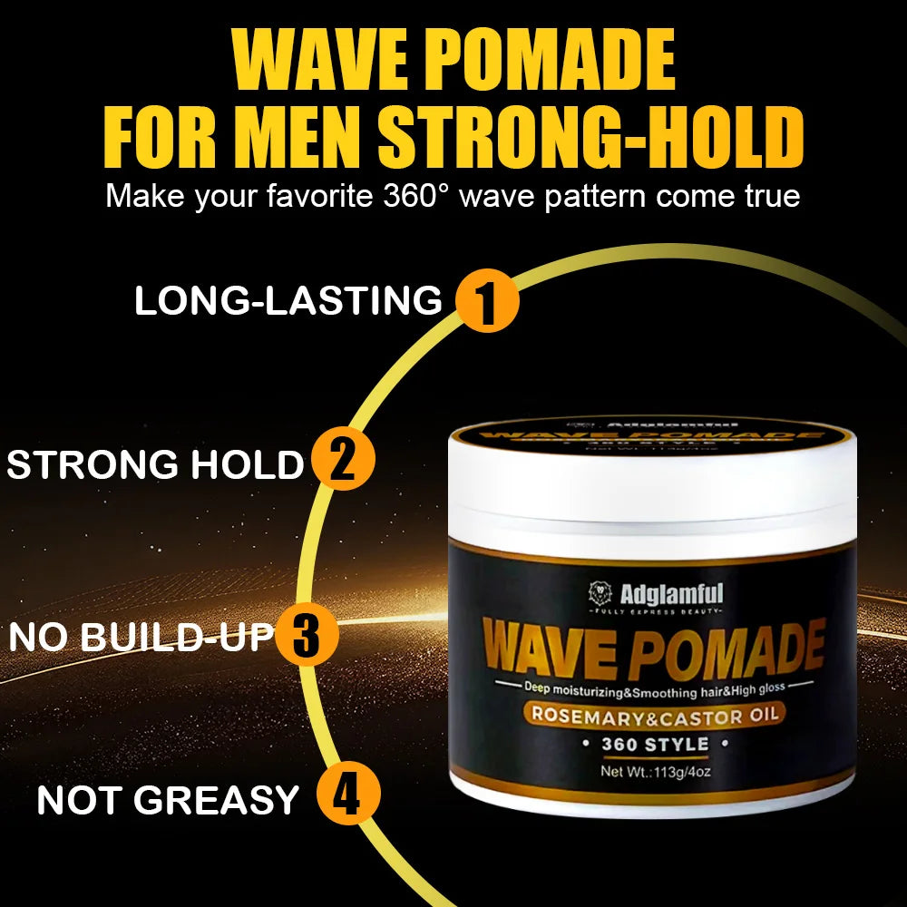 Men’s 360 Wave Pomade 113g - Rosemary & Castor Oil for Deep Moisture, Stronger Hair & 24-Hour Shine Hold