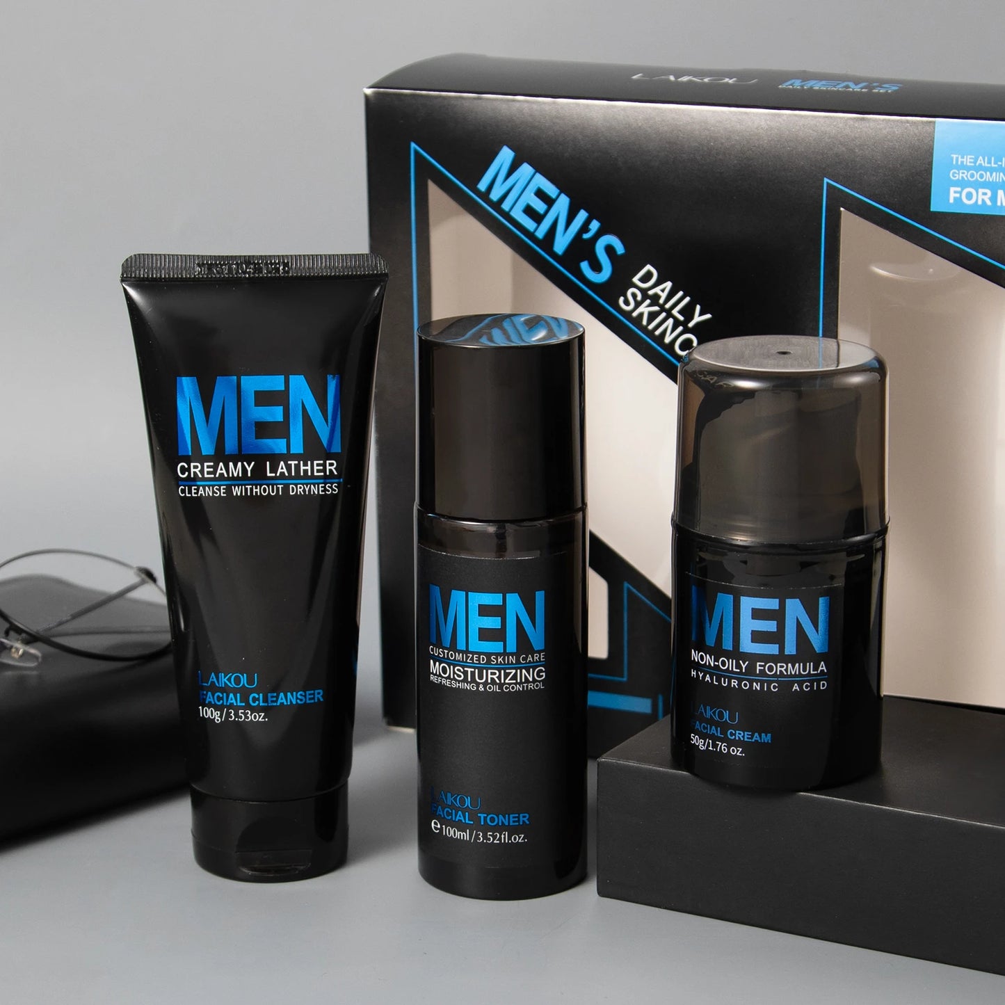 LAIKOU 3-Piece Men's Daily Skincare Kit - Cleanse Refresh Hydrate Essential Men's Beauty Routine Set