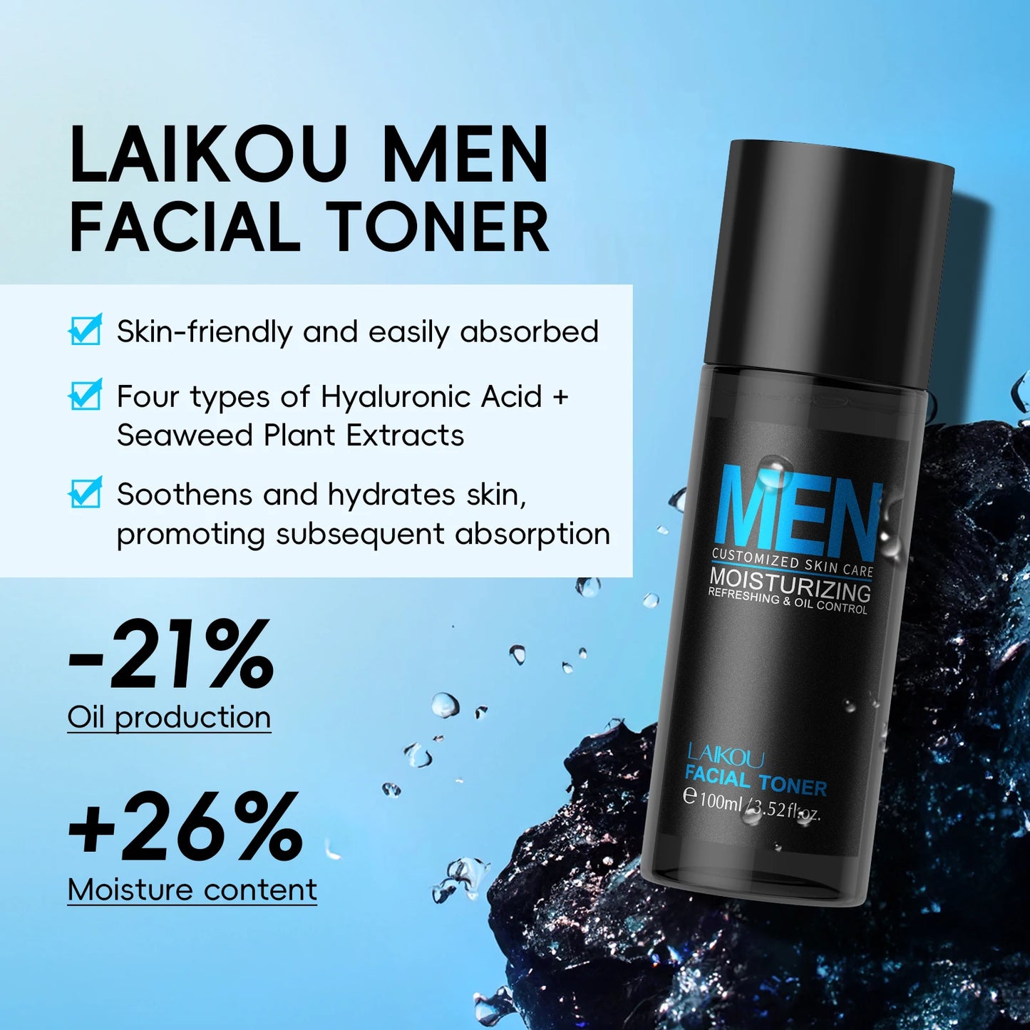 LAIKOU 3-Piece Men's Daily Skincare Kit - Cleanse Refresh Hydrate Essential Men's Beauty Routine Set
