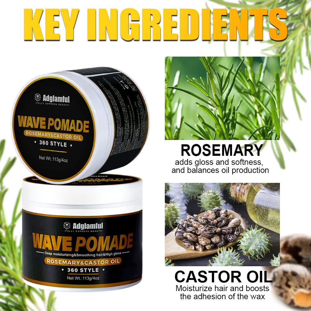 Men’s 360 Wave Pomade 113g - Rosemary & Castor Oil for Deep Moisture, Stronger Hair & 24-Hour Shine Hold