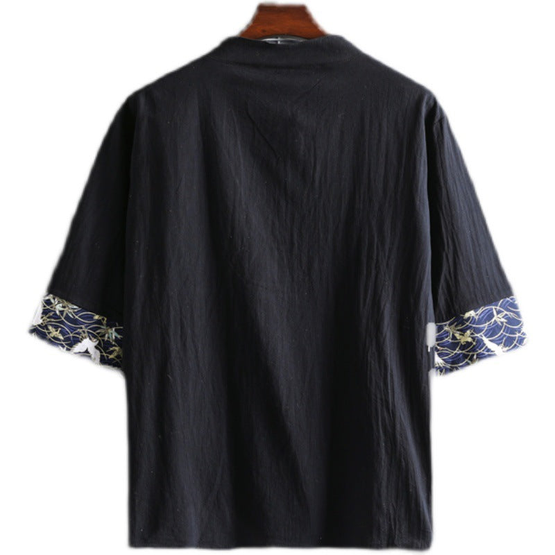 Cotton Linen Crane Five Point Sleeve Casual Fashion