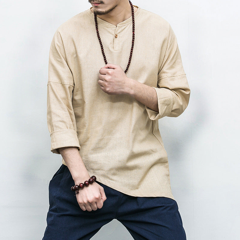 Chinese Style Men's Linen Three-quarter Sleeve T-shirt