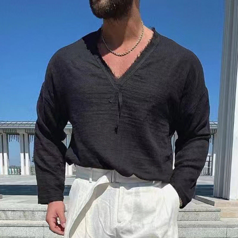 New Men's V-neck Long-sleeved T-shirt Cotton Linen Casual Loose