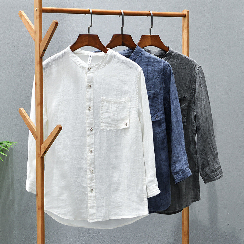 Men's Simple And Comfortable Retro Stand Collar Linen Shirt