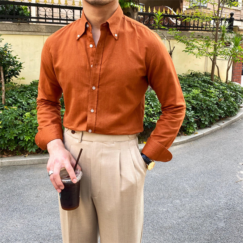 Men's Cotton Linen Casual Solid Color Long Sleeve Shirt
