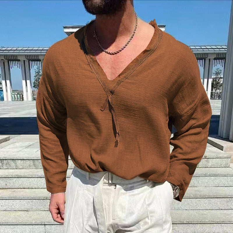 New Men's V-neck Long-sleeved T-shirt Cotton Linen Casual Loose
