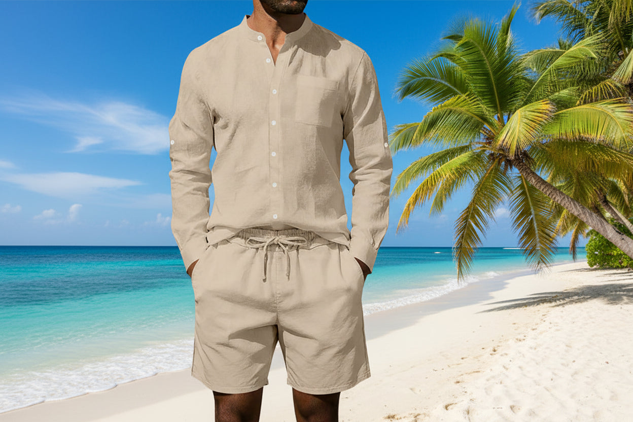 Mens Casual Linen Shirt And Shorts Set Summer Vintage Stand Collar Shirts Men Comfortable Breathable Beach Suits